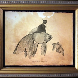 Tuxedo Cat Riding Goldfish Collage Print tea stain cat art cat gifts for christmas gifts for cat lovers gifts for boyfriends gifts for her