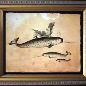 Brown and White Basset Hound Dog Riding Narwhal  Vintage Collage Art Print on Tea Stained Paper        xmas  for momdog christmas gift