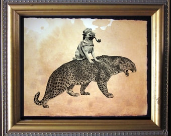 Pug Riding Leopard  Vintage Collage Art Print on Tea Stained Paper   dog art  dog s        xmas  for momWFH office artdog christmas gift