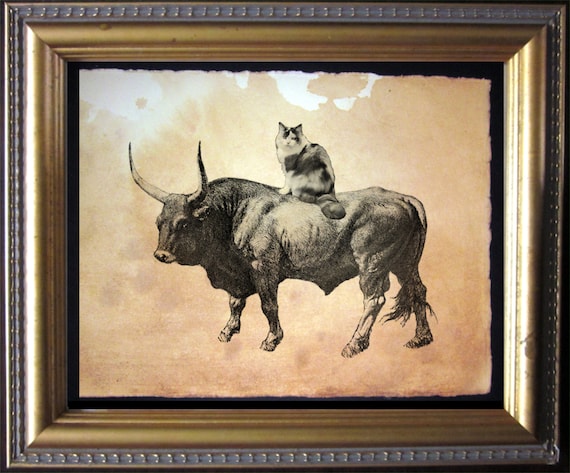 Cat Riding Bull Calico Cat Riding Bull Vintage Collage Art | Etsy