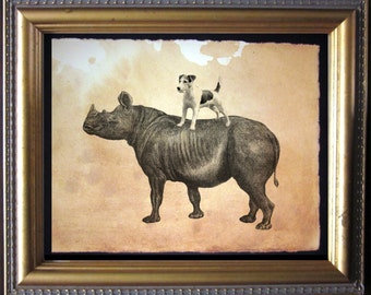 Jack Russell Terrier Dog Riding Rhino Vintage Collage Print Tea Stained dog art dog gift for her gift home office art WFH art