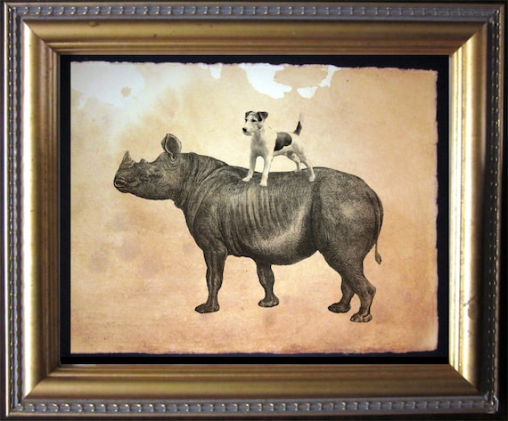 Jack Russell Terrier Dog Riding Rhino Vintage Collage Print Tea Stained dog art dog gift for her gift home office art WFH art