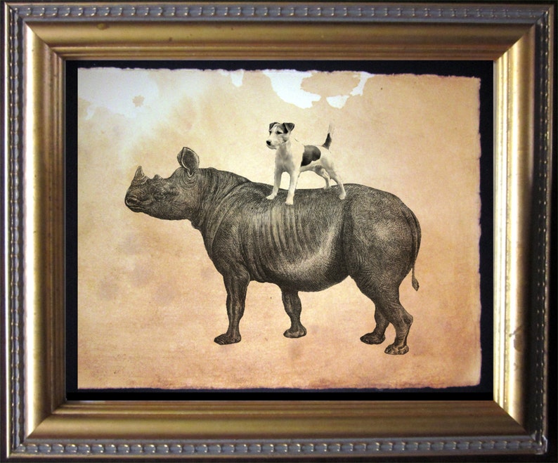 May include: Framed artwork featuring a detailed illustration of a rhinoceros with a small dog standing on its back. The artwork has a vintage aesthetic, with a sepia-toned background and a gold-colored frame.