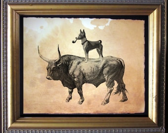 Basenji Dog Riding Bull Vintage Collage Art Print on Tea Stained Paper dog art dog s xmas for momWFH office artdog christmas gift