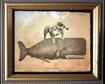 English Bulldog Riding Whale Vintage Collage Print Tea Stain dog art gifts dog christmas gifts for dog mom dog dad gifts for pet loss