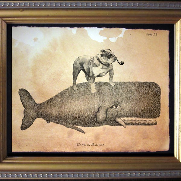 English Bulldog Riding Whale Vintage Collage Print Tea Stain dog art gifts dog christmas gifts for dog mom dog dad gifts for pet loss
