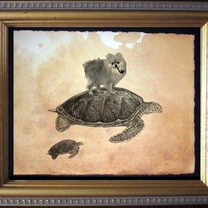 Pomeranian Dog Riding Sea Turtle Vintage Collage Print tea stain dog art dog gifts for christmas gifts for dog owners gifts for boyfriends