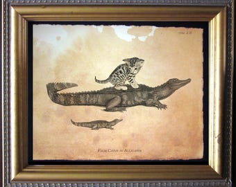 Bengal Kitten Riding Gator Art Print, Whimsical Tea-Stained Cat Collage
