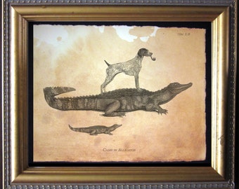 German Shorthaired Pointer GSP on Alligator – Vintage Collage Art Print on Tea-Stained Cotton Rag Paper | Whimsical Dog Lover Gift