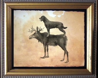 May include: A black dog stands on the back of a brown moose. The moose is looking to the left and the dog is looking to the right. The image is in a brown frame.