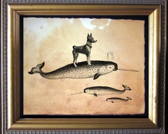 May include: A black and white dog stands on the back of a narwhal, which is swimming above a smaller narwhal. The image is in a gold frame.
