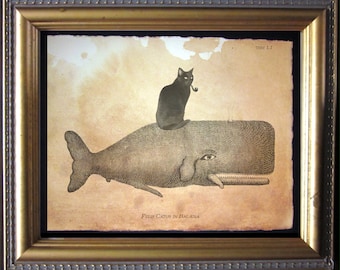 Black Cat on Whale Art Print, Whimsical Tea-Stained Cat Decor