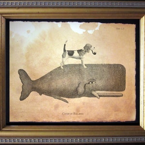 Beagle Dog Riding Whale Vintage Collage Art Tea Stain dog art gifts for dog mom dog christmas gifts for dog dad pet loss gifts for dog loss image 1