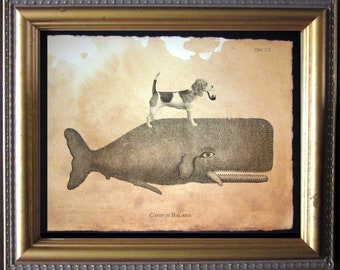 Beagle Dog Riding Whale Vintage Collage Art Tea Stain dog art gifts for dog mom dog christmas gifts for dog dad pet loss gifts for dog loss