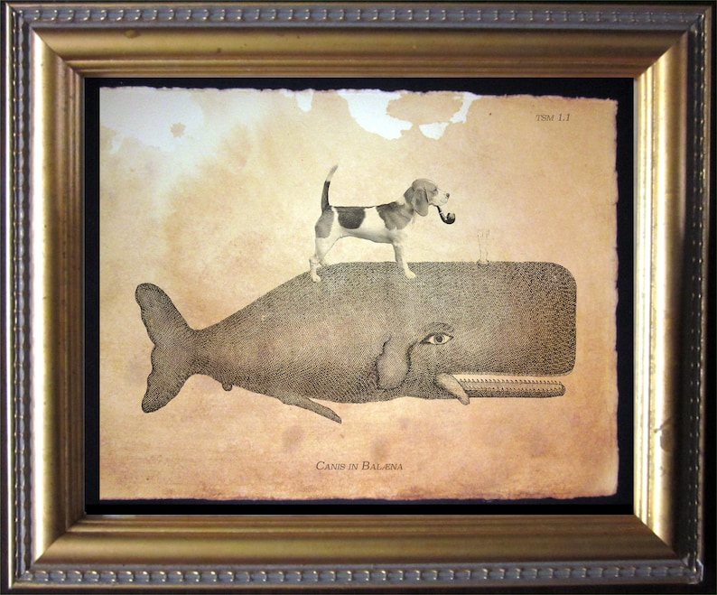 Beagle Dog Riding Whale Vintage Collage Art Tea Stain dog art gifts for dog mom dog christmas gifts for dog dad pet loss gifts for dog loss image 1