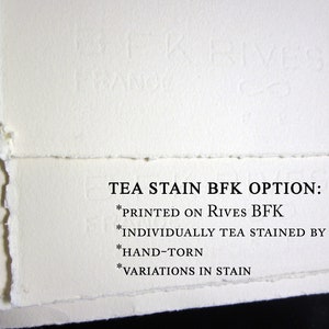 May include: Off-white paper with hand-torn deckled edges and a subtle embossed BFK RIVES FRANCE watermark. Text reads: TEA STAIN BFK OPTION: *PRINTED ON RIVES BFK *INDIVIDUALLY TEA STAINED BY HAND *HAND-TORN *VARIATIONS IN STAIN.