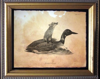 Fox Riding Loon Print | Vintage Inspired Art Print on Tea-Stained Paper | Whimsical Animal Art Gift | Sly as a Fox | Crazy as a Loon