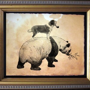St. Bernard Dog Riding Panda  Vintage Collage Art Print on Tea Stained Paper   dog art  dog s      xmas  for momdog christmas gift