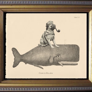 Pug Riding Whale Vintage Collage Print on Creme Paper dog art gifts for dog christmas gifts for dog owners gifts for her dog loss gifts