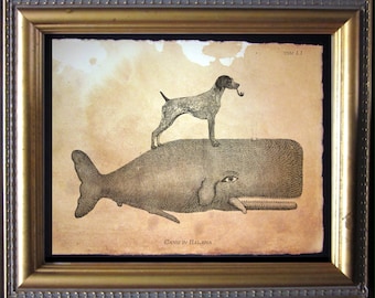 German Shorthaired Pointer Riding Whale – Vintage Collage Art Print on Tea-Stained Cotton Rag Paper | Dog Lover Wall Art