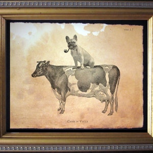 French Bulldog Riding Cow Vintage Collage Print Tea Stained dog art dog gift for her WFH art home office gift for giftdog christmas gift
