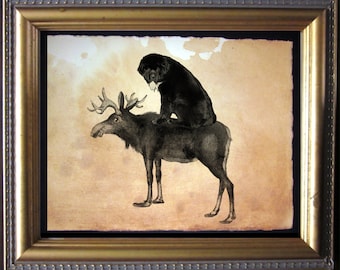 Newfie Newfoundland Riding Moose  Vintage Collage Art Print on Tea Stained Paper   dog art  dog s      xmas  for momdog christmas gift