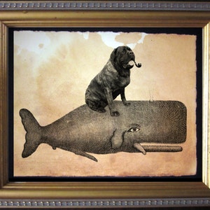 May include: A black dog with a pipe in its mouth sits on top of a whale. The whale is a vintage illustration with a detailed texture. The background is a light brown with a faded look.