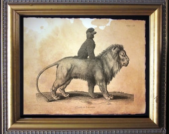 Black Poodle Dog Riding Lion – Vintage Collage Art Print on Tea-Stained Cotton Rag Paper | Dog Lover Wall Art