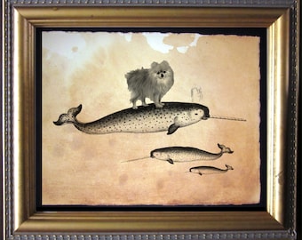 Pomeranian Dog Riding Narwhal  Vintage Collage Art Print on Tea Stained Paper   dog art  dog s      xmas  for momdog christmas gift
