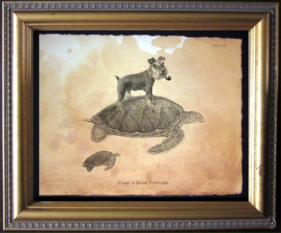 Mini Schnauzer Riding Sea Turtle Art Print, Whimsical Dog Wall Art