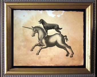 May include: A black and white illustration of a unicorn with a black dog sitting on its back. The image is framed in a gold frame.