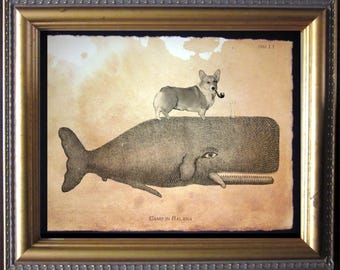 Welsh Corgi Dog Riding Whale Collage Print tea stain dog art dog gifts for christmas gifts for dog owners gifts for boyfriends corgi lover