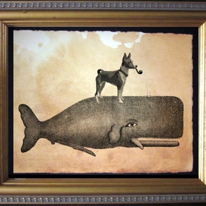 Basenji Dog Riding Whale  Vintage Collage Art Print on Tea Stained Paper dog art  dog s        xmas  for momWFH office artdog christmas gift