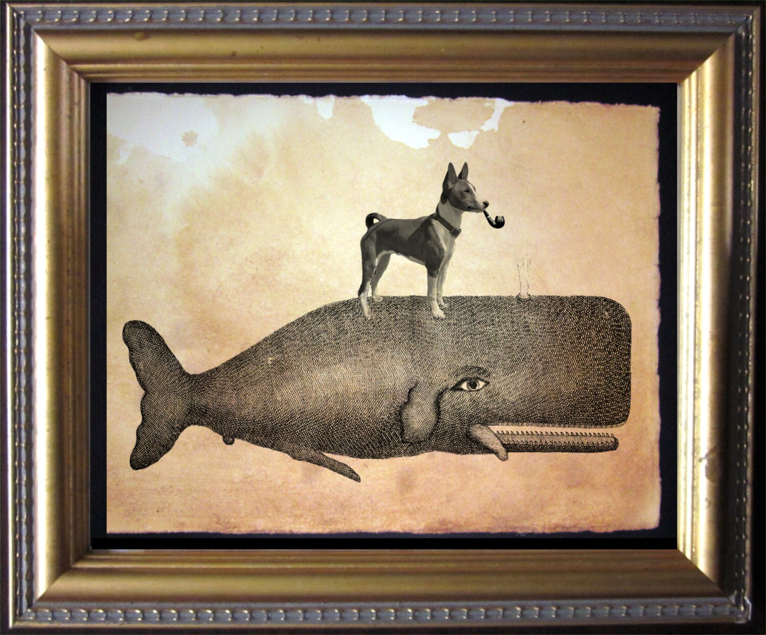 Basenji Dog Riding Whale  Vintage Collage Art Print on Tea Stained Paper dog art  dog s        xmas  for momWFH office artdog christmas gift