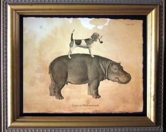Beagle Dog Riding Hippo Vintage Collage Print tea stain dog art dog gifts for christmas gifts for dog owners gifts for boyfriends dog lover