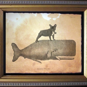 Black French Bulldog Riding Whale Vintage Collage Print Tea Stained dog art gifts for christmas gift for dog mom dog loss gifts for pet loss