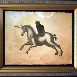 May include: A black cat sits atop a white unicorn, both rendered in a vintage style. The image is set against a faded, brown background.
