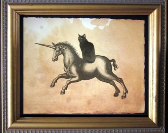 Black Cat Riding Unicorn Art Print, Vintage Style Tea Stained Paper