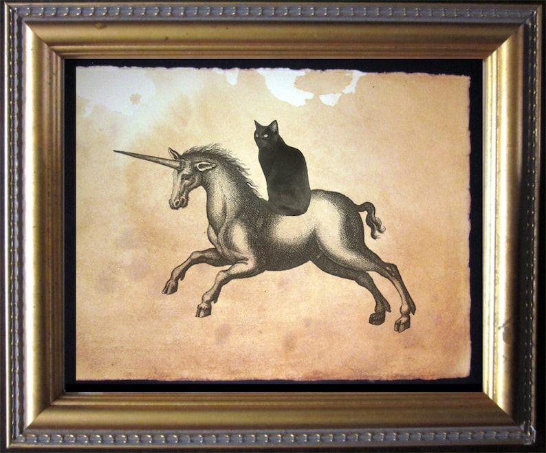 May include: A black cat sits atop a white unicorn, both rendered in a vintage style. The image is set against a faded, brown background.
