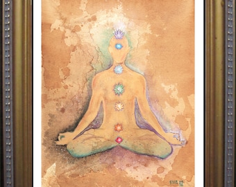 May include: Watercolor painting of a person in a meditative pose with seven chakras represented by colored circles along the spine. The background is a light brown with a watercolor effect.