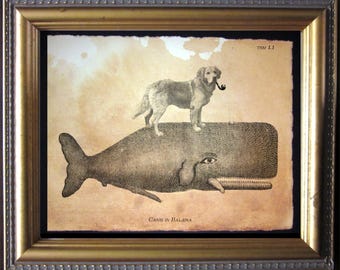 Golden Retriever Dog Riding Whale Vintage Collage Print tea stain dog art dog gifts for christmas gifts for dog owners gifts for dog loss