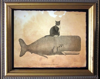 Tuxedo Cat Riding Whale Vintage Collage Print Tea Stain Paper cat art gifts for cat mom cat Christmas gifts for cat dad cat loss gifts