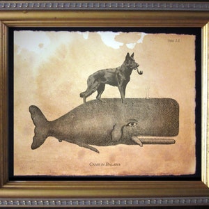 Black German Shepherd Riding Whale Vintage Collage Print Tea Stain dog art gifts for dog mom gifts for her dog loss gifts for rainbow bridge