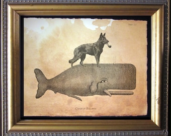 Black German Shepherd Riding Whale – Vintage Collage Art Print on Tea-Stained Cotton Rag Paper | Whimsical Dog Lover Gift
