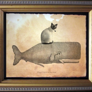 Siamese Cat Riding Whale Vintage Collage Print tea stain cat art gifts for cat christmas gifts for cat mom gifts for boyfriends whale gifts