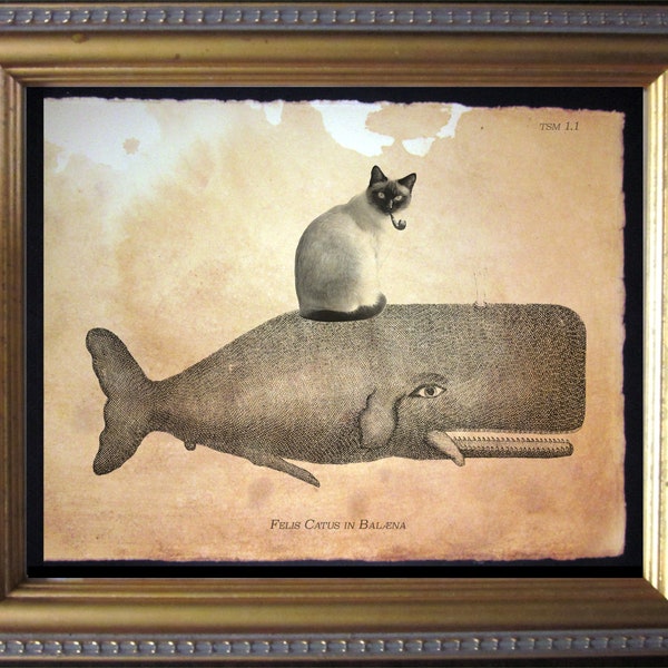 Siamese Cat Riding Whale Vintage Collage Print tea stain cat art gifts for cat christmas gifts for cat mom gifts for boyfriends whale gifts