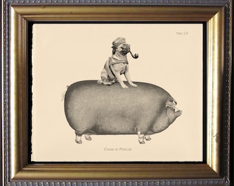 Pug Riding Pig Art Print, Vintage Style Dog Decor