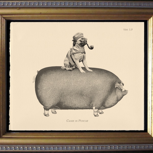 Pug Riding Pig Art Print, Vintage Style Dog Decor