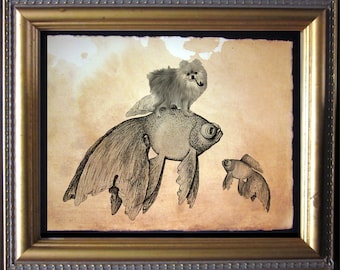 Pomeranian Dog Riding Goldfish  Vintage Collage Art Print on Tea Stained Paper   dog art  dog s      xmas  for momdog christmas gift