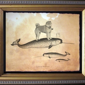 Shiba Inu Dog Riding Narwhal Vintage Collage Print Tea Stain dog art gifts for dog moms gifts for her dog Christmas gifts for dog loss